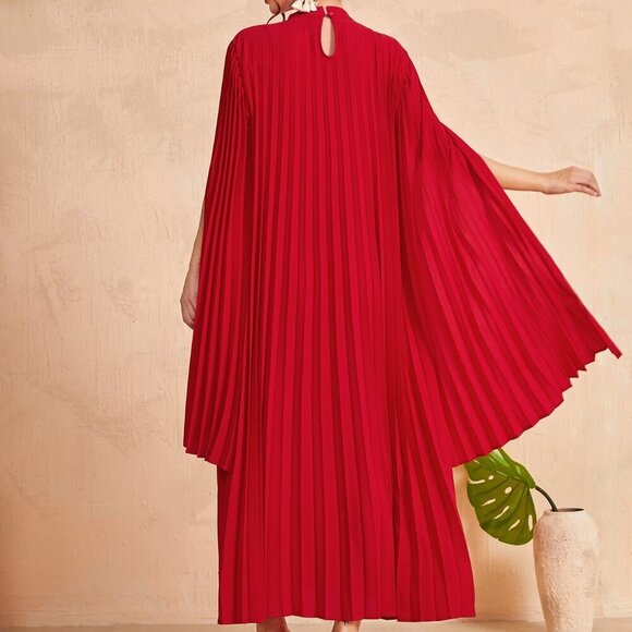 Red Party Women's Stand Collar Cloak Sleeve Dress - Picture 2 of 6